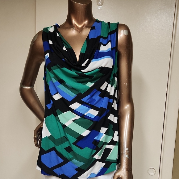 Kasper Tops - Kasper Blue and Green Geometric Blouse